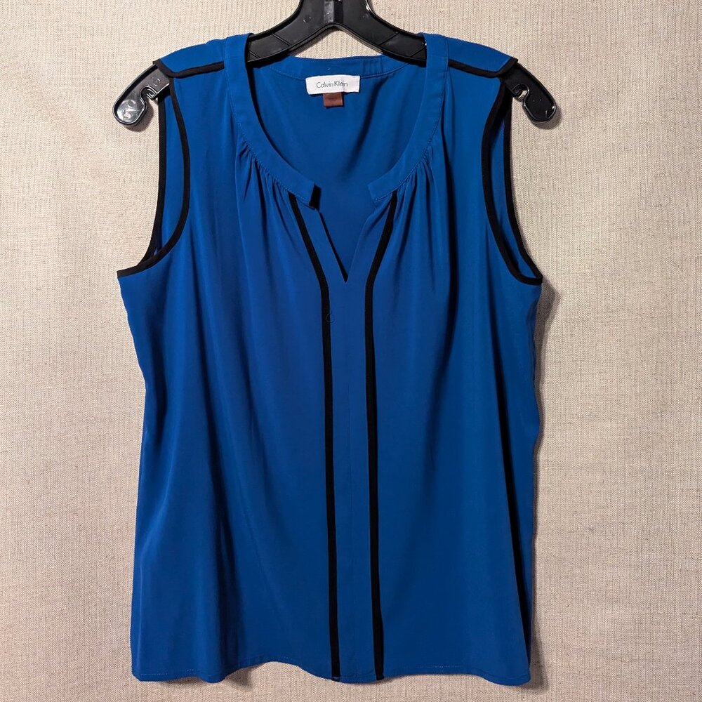 Calvin Klein Sleeveless Blue with Black Piping Blouse, Size L
